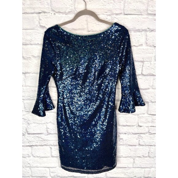 LULUS Women's Teal Blue Long Bell Sleeve Sequin Mini Dress Size Small - Picture 1 of 5